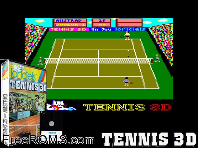 Tennis 3D (F) (1986) [T-English] Amstrad CPC game showing 3D box cover and gameplay screenshot